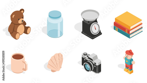 Isometric everyday objects collection: toys, kitchenware, books, and