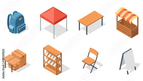 Isometric market essentials: booths, furniture, displays, and
