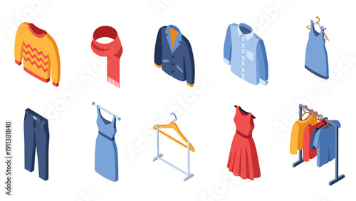 Isometric fashion collection: diverse clothing icons for modern