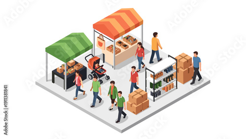 Crowded marketplace with colorful stalls and diverse shoppers in