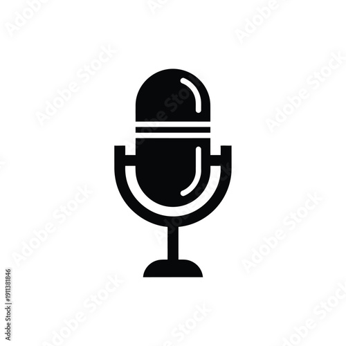 Black silhouette of a classic studio microphone on a stand, symbolizing audio recording and broadcasting.