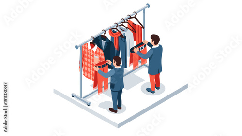Shoppers browsing clothing rack in isometric style for fashion retail