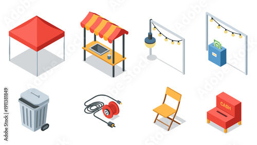 Isometric market elements including tent, stall, lighting, trash can