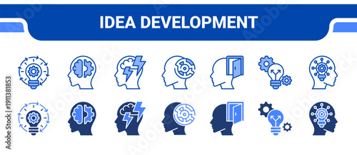 Idea Development Icon Collection,  featuring Idea, Ideas, Brainstorm, Mind, Open mind, Divergent, Insightful.