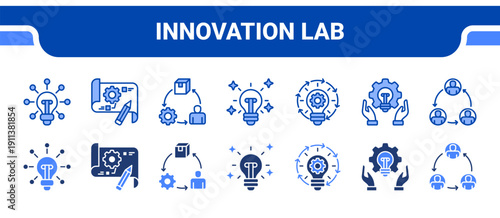 Innovation Lab Icon Collection,  featuring Innovation, Prototype, Product development, Creative, Idea, Innovative solutions, Resource.