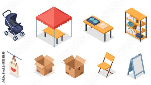 Isometric everyday objects collection: stroller, tent, table, shelf