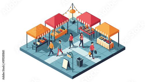 Isometric street market scene with colorful stalls and people shopping