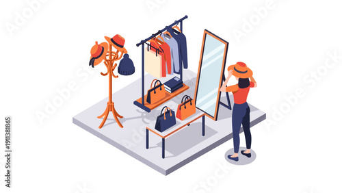 Isometric fashion boutique with mirror and accessories for trendy