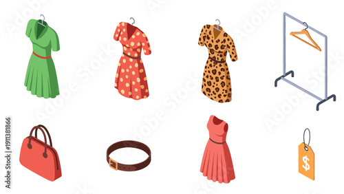 Isometric fashion collection with dresses, handbag, and accessories