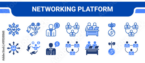 Networking Platform Icon Collection,  featuring Networking opportunities, Entrepreneur, Business advisor, Investor relations, Co working space, Conference, Meeting.