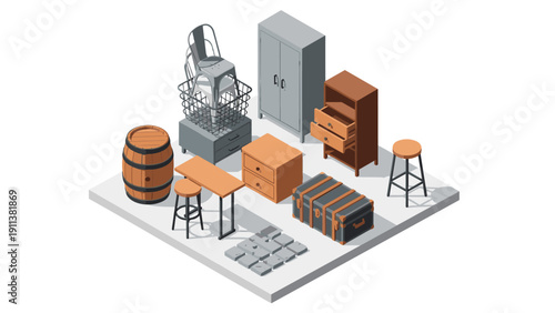 Isometric vintage furniture collection on white platform