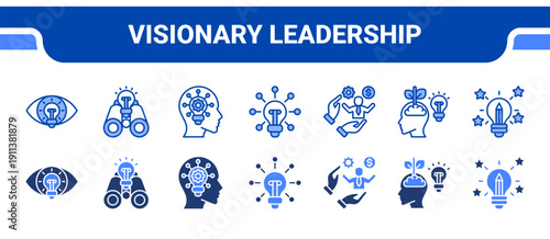 Visionary Leadership Icon Collection,  featuring Visionary, Perspective, Insightful, Innovation, Entrepreneur, Growth mindset, Inspired.