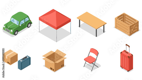 Isometric objects set: car, tent, table, crate, suitcase, box, chair
