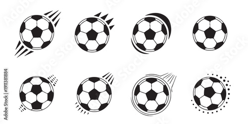 Set of soccer balls in motion with speed lines and starburst effects