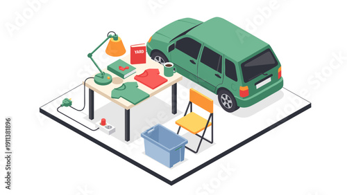 Isometric garage sale scene with car, table, and chair on white