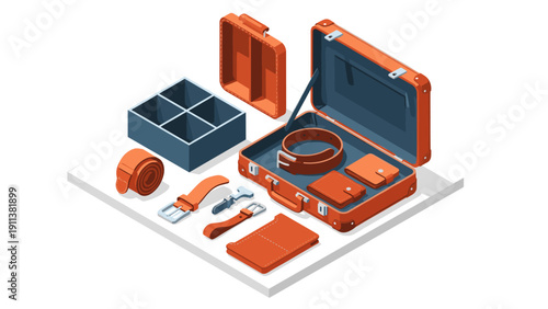 Isometric travel accessories set with open suitcase