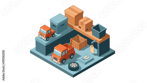 Isometric warehouse scene with trucks and boxes on shelves