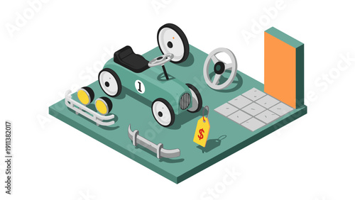 Isometric toy car assembly with components on display platform