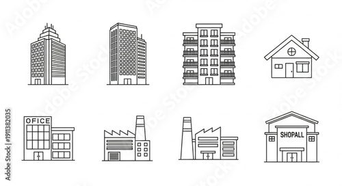 Collection of Hand Drawn Building Icons Representing Different Structures.