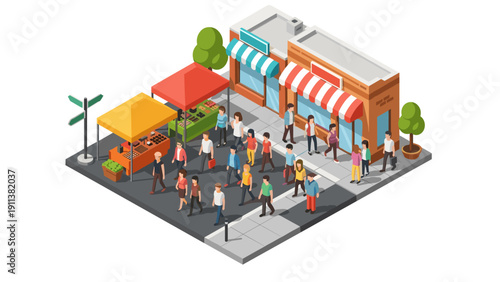 Lively urban street scene with shoppers and market stalls in
