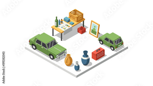 Isometric garage sale scene with cars and antiques