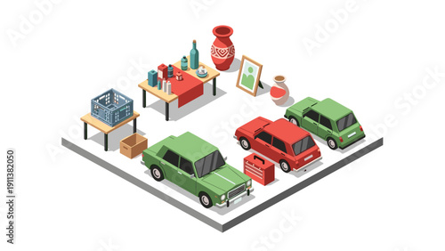 Isometric garage sale scene with cars and household items on display