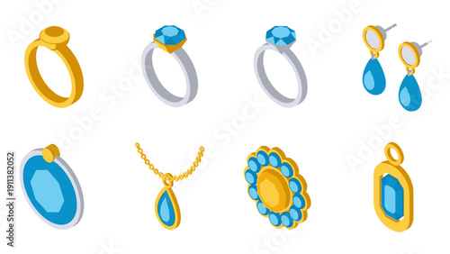 Elegant isometric jewelry with blue gemstones in modern design