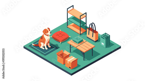 Isometric pet store scene with dog accessories and supplies