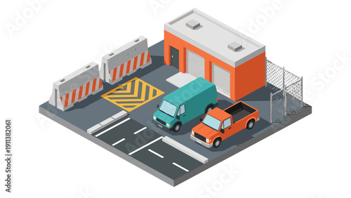 Isometric urban garage scene with vehicles and barriers