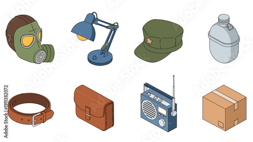 Isometric military gear and everyday objects collection in simple