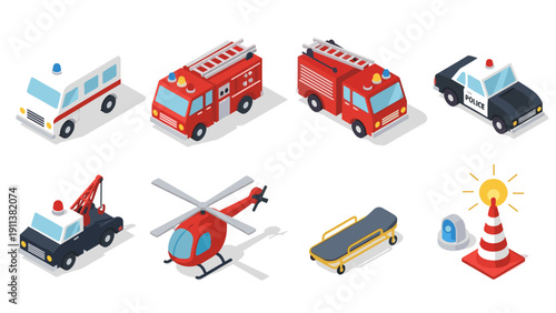Isometric emergency vehicles and equipment set with police, fire