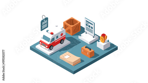 Isometric emergency services with ambulance and medical equipment on