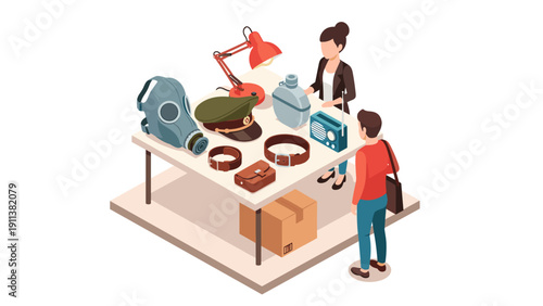 Isometric market scene with customers and vintage items on table