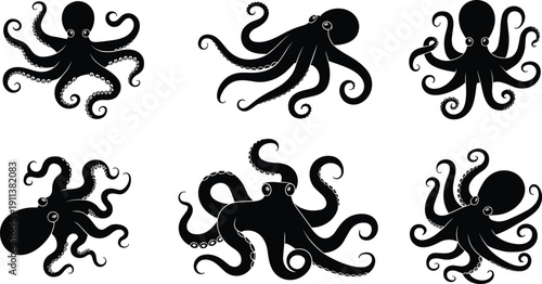 Stylized octopus vector illustrations, marine animal silhouettes, creative tentacle designs, underwater sea creature artwork, ocean wildlife icons