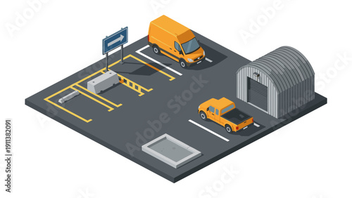 Isometric parking lot with vehicles and storage unit
