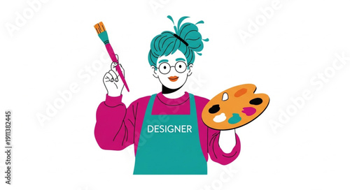 Creative female artist holding paintbrush and palette with colors.