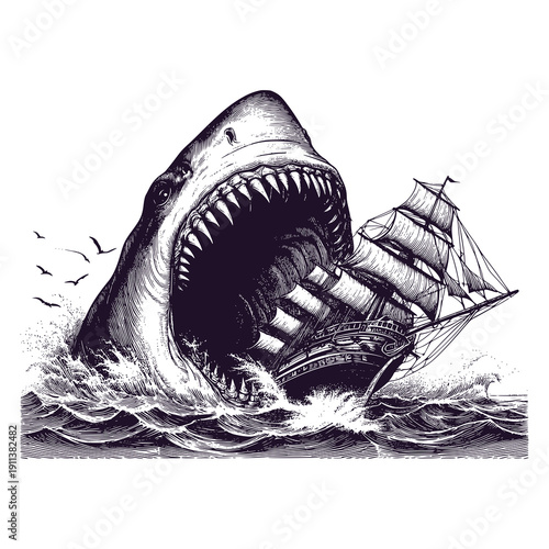 giant shark devouring pirate ship