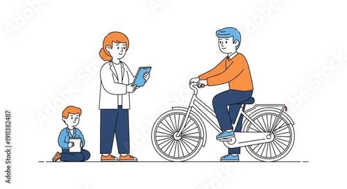 Doctor consulting with patient on bicycle and child.
