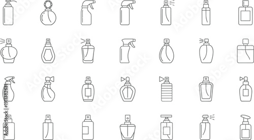 Perfume and spray bottle outline icon set featuring cosmetic fragrance atomizer container vector collection