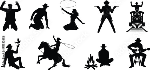 Wild West cowboy silhouettes with horses, lassos, pistols, trains, campfire, guitar, frontier lifestyle, American western culture illustration