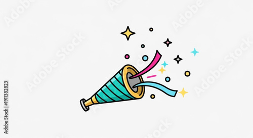 Colorful Party Horn Blowing Confetti on White Background