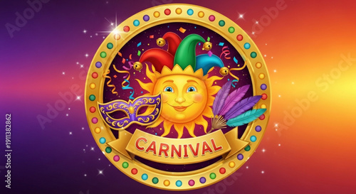 Carnival Sun Emblem with Colorful Jester Hat on Purple and Orange Gradient Background
