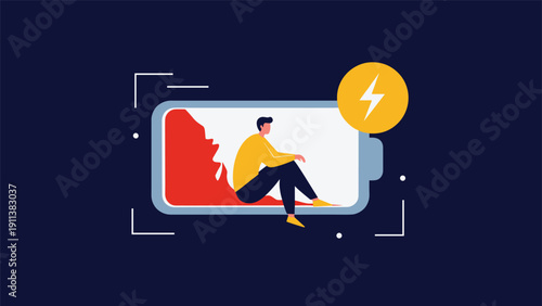 Exhausted man sits inside a low battery symbol representing personal burnout and the need for mental health rest and energy recharging in life.