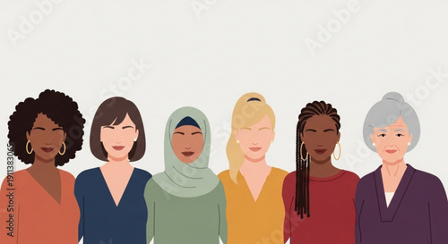 Diverse Group of Women Standing Together, Illustration of Multiethnic Females, Isolated on White Background