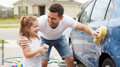 Father and girl washing blue car together in driveway at home  