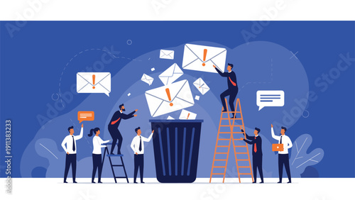 Professional team works together to discard unwanted spam emails into a large trash can to improve digital productivity and inbox management.