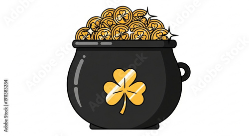 Black Pot Full of Gold Coins with Shamrock on White Background
