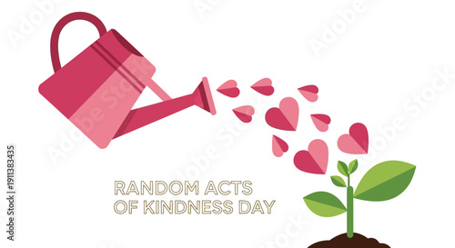 Illustration of a pink watering can pouring hearts onto a green plant on Random Acts of Kindness Day with a thoughtful and compassionate mood.
