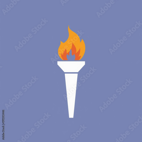 Simple White Torch Icon with Orange Flame on Blue Background