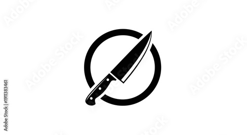 Black Chef Knife Icon Inside Circle, Culinary Tool Symbol, Kitchen Equipment Graphic